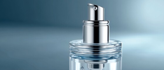 Elegant clear bottle with silver pump dispenser on a soft blue background capturing freshness and purity for cosmetic or pharmaceutical product promotion