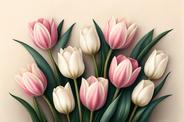 Obraz premium Close Up Photo of Colorful Tulips in a Bouquet Against a Muted Background with Soft Natural Lighting
