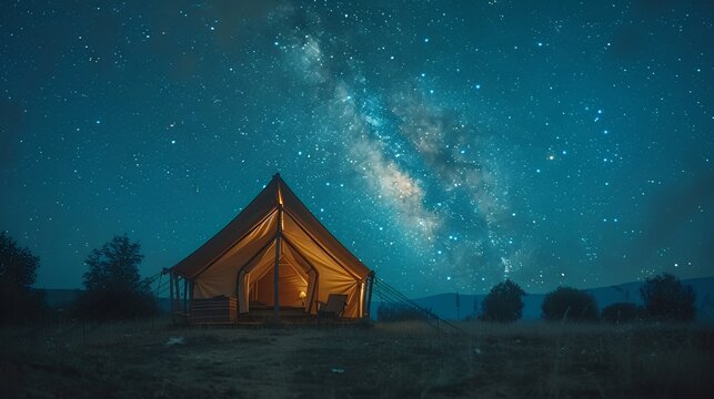 Tranquil stargazing: Illuminated tent nestled beneath the celestial canvas