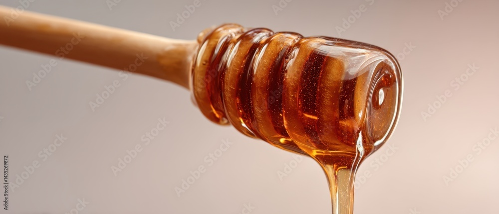 Poster golden honey drips from a wooden dipper in a close up shot showcasing its viscous texture and amber 