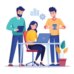 man sitting at his desk working on laptop, with woman standing near him holding phone, designed in flat style vector 
