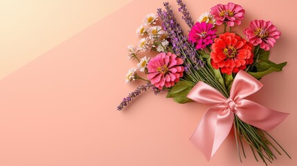 Luxurious bouquet of wildflowers with vibrant pink zinnias, daisies, and lavender tied with a blush pink satin bow, diagonally placed on a soft peach-pink background with elegant negative space