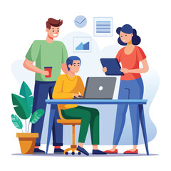 man sitting at his desk working on laptop, with woman standing near him holding phone, designed in flat style vector 
