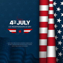 US Independence Day July 4th banner with folded flag and waving flag silhouette on blue background