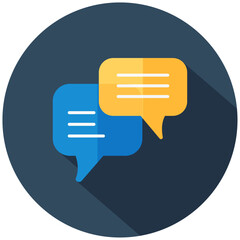flat design icon showcasing two overlapping speech bubbles in blue and yellow, symbolizing communication or conversation.