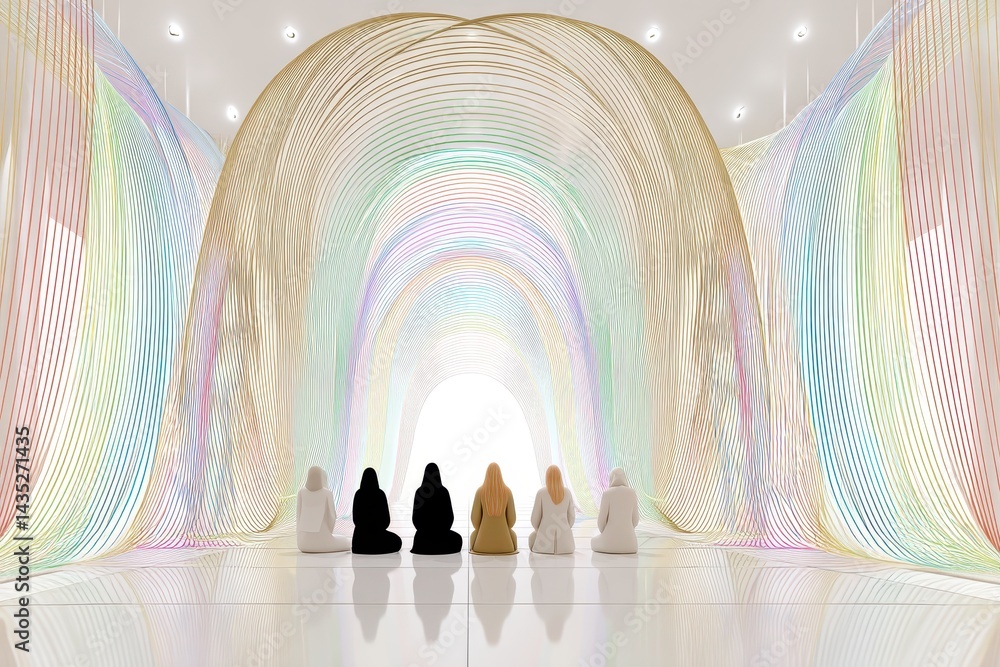 Poster diverse group of individuals meditating in a colorful space representing interfaith harmony and unit
