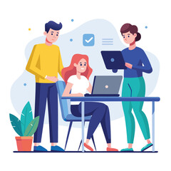 man sitting at his desk working on laptop, with woman standing near him holding phone, designed in flat style vector 
