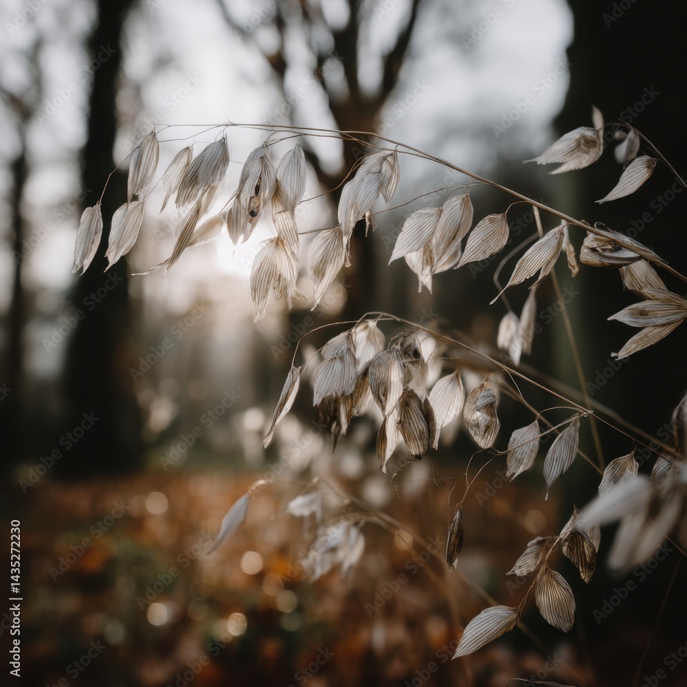 Poster serene autumn landscape featuring dried oat grass illuminated by soft sunlight in a tranquil forest 