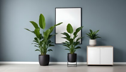Stylish interior scene with potted plants and an empty frame on a blue wall, minimalist design.