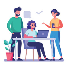 man sitting at his desk working on laptop, with woman standing near him holding phone, designed in flat style vector 
