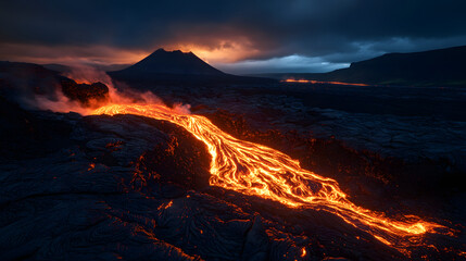 Fototapeta premium A glowing river of lava flowing from a volcano, winding through a rocky landscape at night, casting a soft, warm red glow on the surrounding terrain.