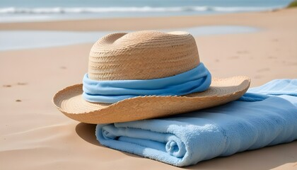 A straw hat with a blue scarf and rolled towel on a sandy beach, ready for a sunny day.