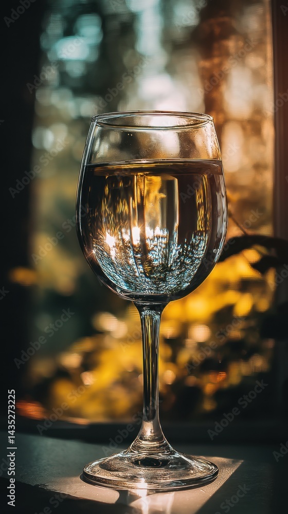 Aufkleber wine glass reflection captures sunlight through window creating warm ambiance and artistic visual ef