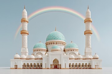Obraz premium Majestic Mosque Under Rainbow Symbolizing Global Interfaith Harmony and Peaceful Unity