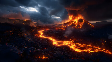 Naklejka premium A glowing river of lava flowing through a volcanic valley, with fiery hot rocks and smoke rising from the surface.
