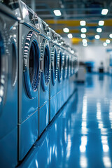 of professional laundry facility showcasing staff operating industrial washing machines and dryers.