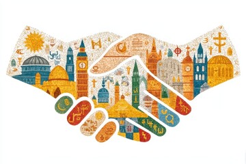Interfaith Harmony Week Celebration Illustration with Global Landmarks and Symbols of Unity