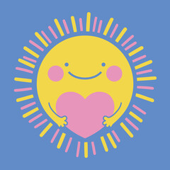 Cute cartoon sun holding pink heart on blue background with colorful rays