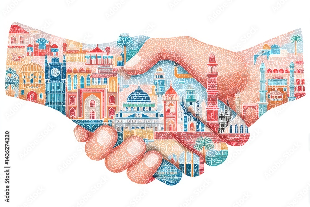 Poster artistic representation of interfaith harmony and unity through a colorful handshake design