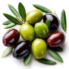 Obraz premium A bunch of olives with leaves on a white background