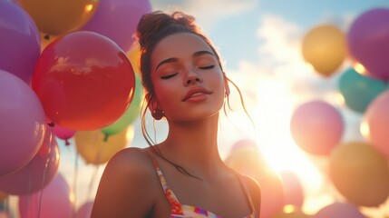 happy woman with balloons at sunset in summer