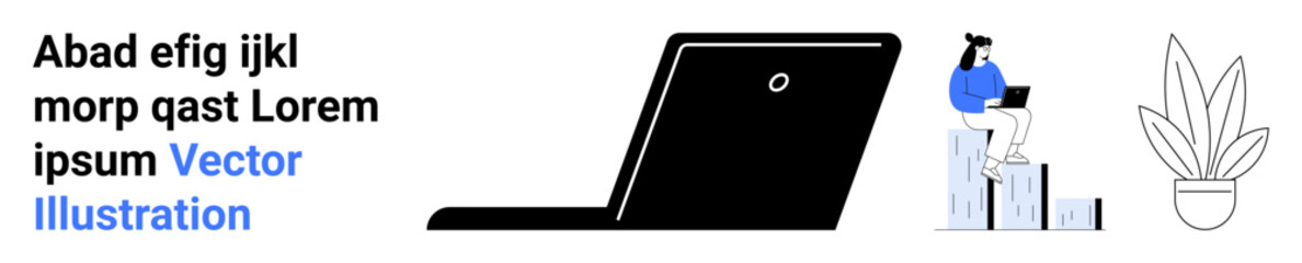 Woman seated with laptop on bar chart steps, plant in pot and text on one side. Ideal for work productivity, analytics, remote work, business growth, freelancing, achievement, flat landing page