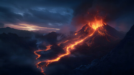 Fototapeta premium A glowing volcanic eruption with lava spurting from a crater, sending fiery lava rivers down into the valley below, illuminating the rugged terrain.
