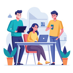 man sitting at his desk working on laptop, with woman standing near him holding phone, designed in flat style vector 
