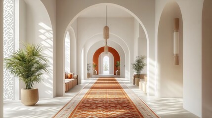 A long corridor with arches, decorated in an Islamic style, featuring white walls and orange accent colors, adorned with geometric patterns on the carpet and wall decoration