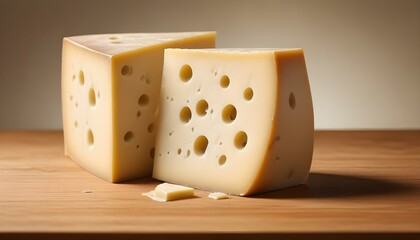 A close-up shot of two large pieces of cheese with multiple holes on display.