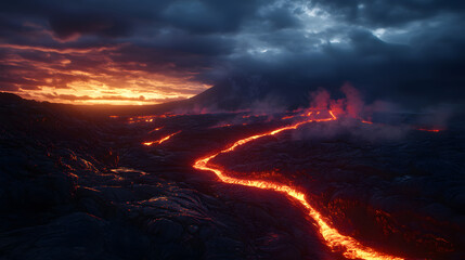 A glowing volcanic landscape with rivers of flowing lava cutting through the rocky terrain, lighting up the dark surroundings with fiery red and orange hues.