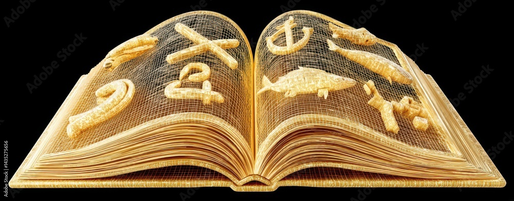 Poster open book with symbols representing world interfaith harmony and unity themes in a double exposure s