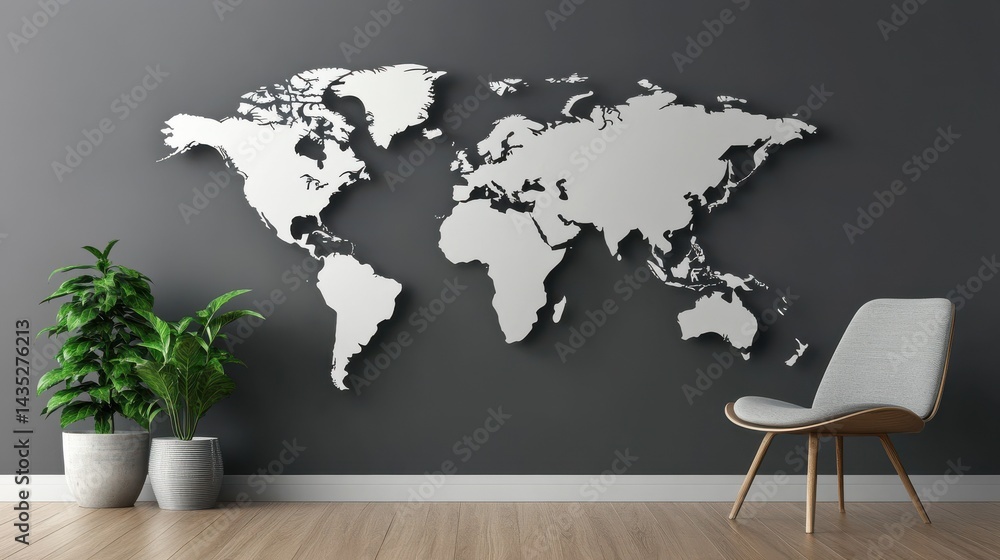 Poster 3d world map simple design minimalistic in grey wall background
