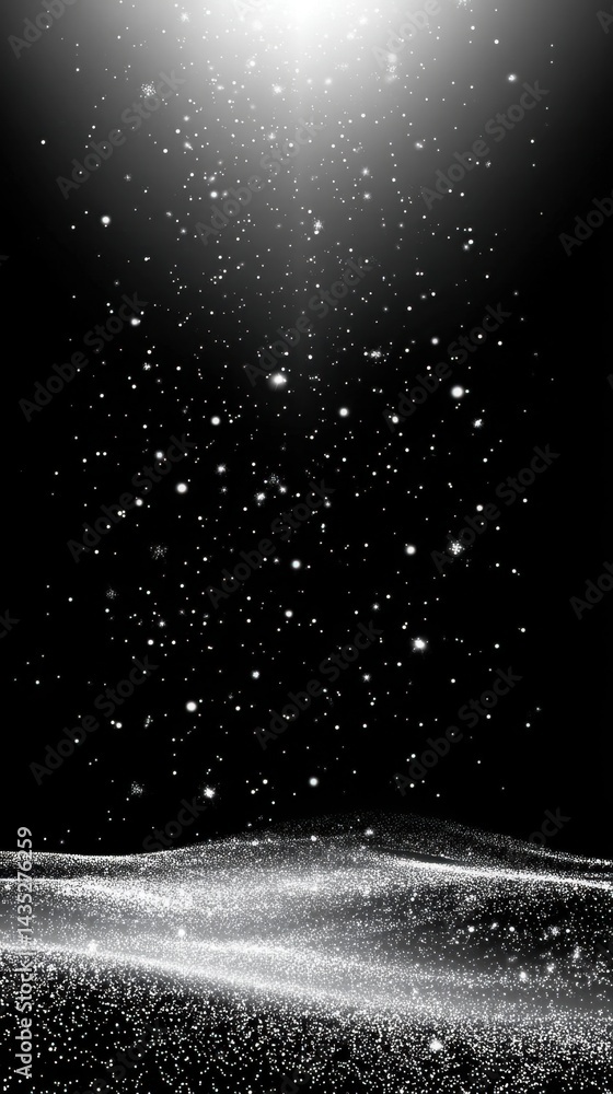 Poster ethereal snowfall over a shimmering landscape creating a magical winter scene with a dark background