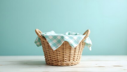 Obraz premium Wicker Basket with Teal Cloth on Rustic Table, Light Blue Wall Kitchen Mockup for Product Display, Empty wicker basket with tablecloth on rustic table over pastel light blue wall background.