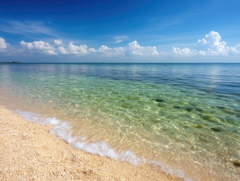 Serene tropical beach with crystal clear turquoise water and soft sand under a bright blue sky inviting relaxation and tranquility in a coastal paradise - Powered by Adobe
