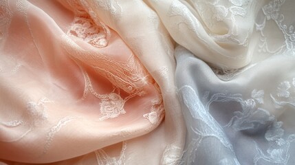 Close-up of draped pastel silk fabrics with embossed floral patterns.