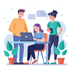 man sitting at his desk working on laptop, with woman standing near him holding phone, designed in flat style vector 
