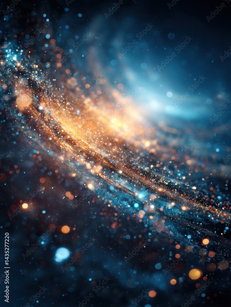 Poster abstract cosmic galaxy background with swirling nebulae and glowing particles in deep space digital 