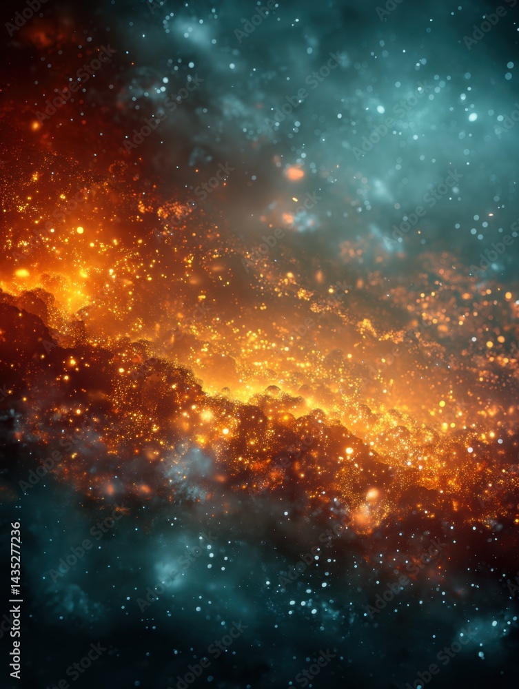 Poster ethereal cosmic nebula with vibrant orange glow and teal dust creating a celestial abstract scene of