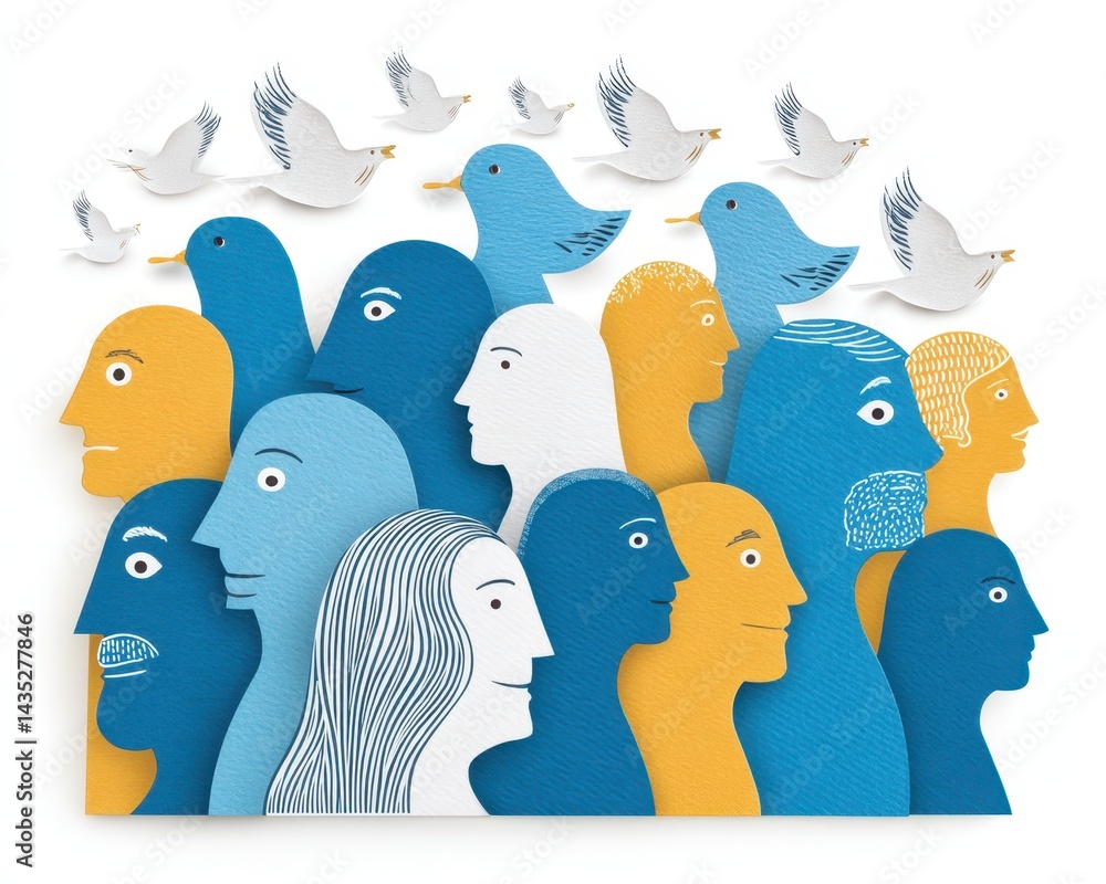 Poster diverse faces representing interfaith harmony and unity in a colorful artwork for world harmony week