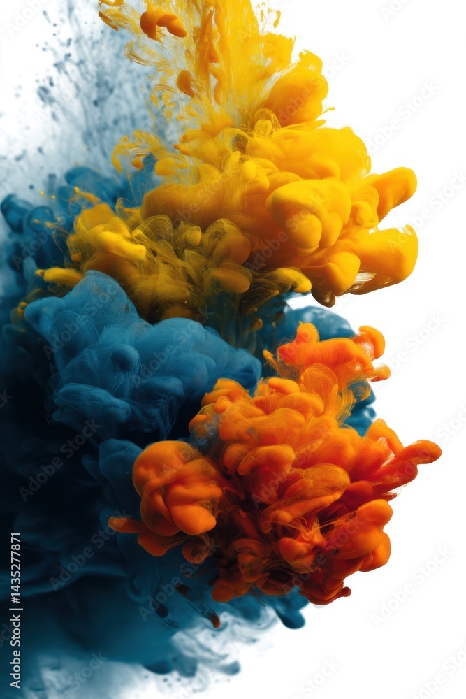 Poster abstract splash of vibrant yellow orange and blue ink in water creating a dynamic and artistic compo