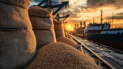 Large burlap sacks overflowing with wheat grains sit on loading dock at sunset, ready for transport on cargo ship, symbolizing global food supply chain