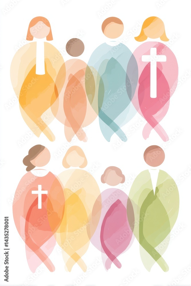 Poster Abstract Representation of Interfaith Harmony Week with Diverse Figures in Soft Colors and Double Exposure Technique