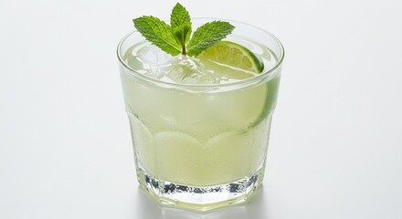 Refreshing Daiquiri Cocktail with Lime Garnish and Mint Sprigs In Clear Faceted Glass Isolated on White Background Perfect for Display Ads