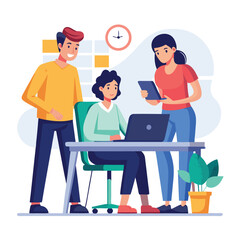 man sitting at his desk working on laptop, with woman standing near him holding phone, designed in flat style vector 
