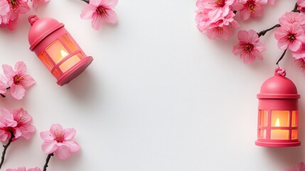 Pink lanterns and cherry blossoms on a white background.