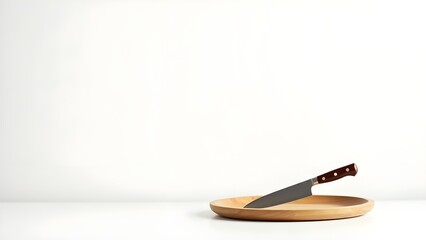 Fototapeta premium Chef's Knife Resting on a Round Wooden Board, Ready for Cooking