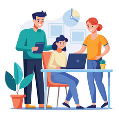 man sitting at his desk working on laptop, with woman standing near him holding phone, designed in flat style vector 
