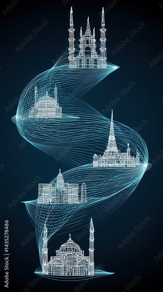 Poster unique artistic representation of global religious structures in fluid harmony for interfaith week c